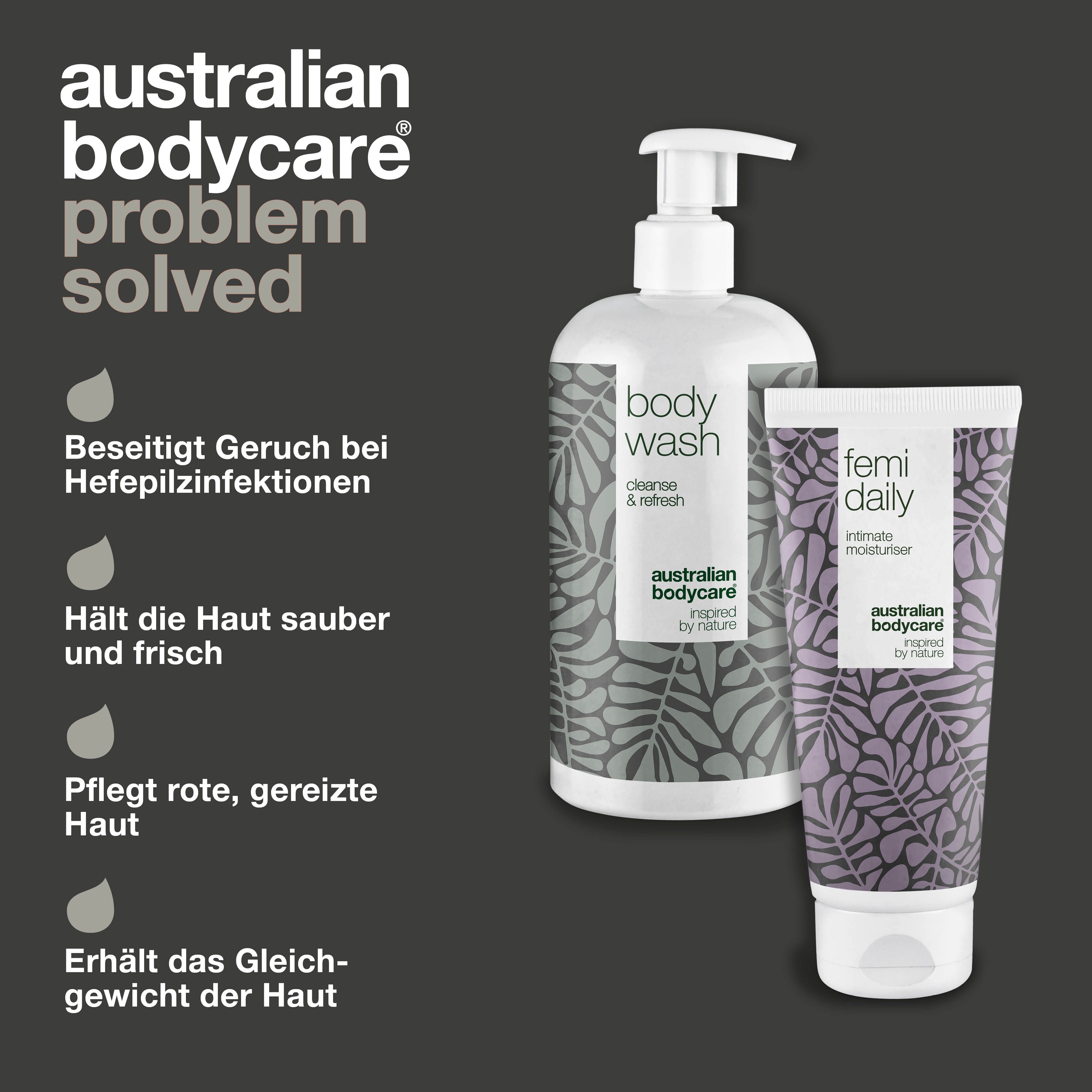 Body Wash und Intimfeuchtigkeitspflege. Text: 'Problem solved'. Vorteile: Geruch, Haut, Gleichgewicht.