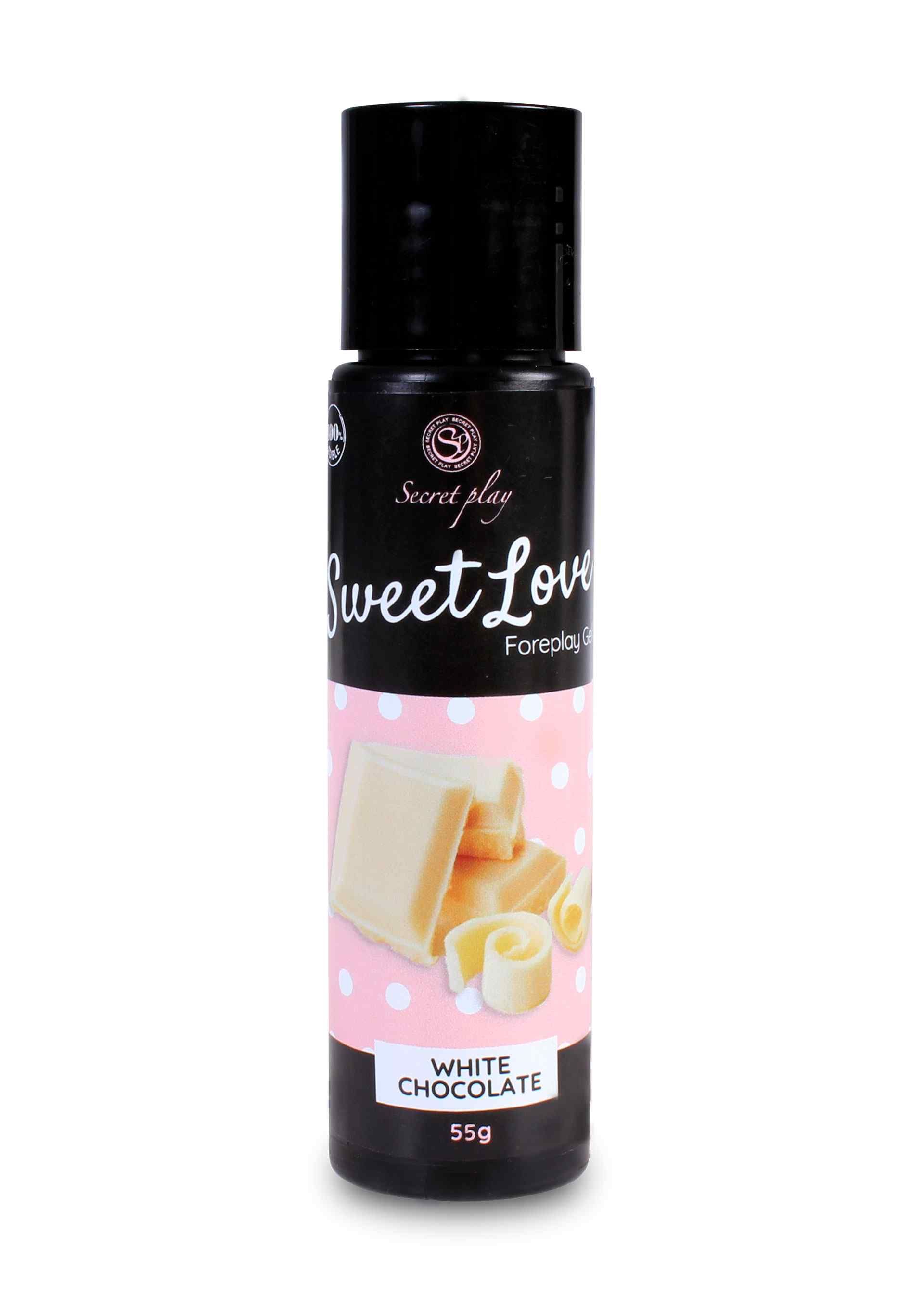 Schwarze Flasche mit weißem Etikett. Aufschrift: Sweet Love Foreplay Gel. Abbildung von weißer Schokolade.