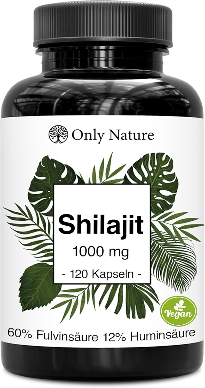 Schwarze Flasche mit weißem Etikett. Aufschrift Shilajit 1000 mg, 120 Kapseln. Vegan-Siegel.