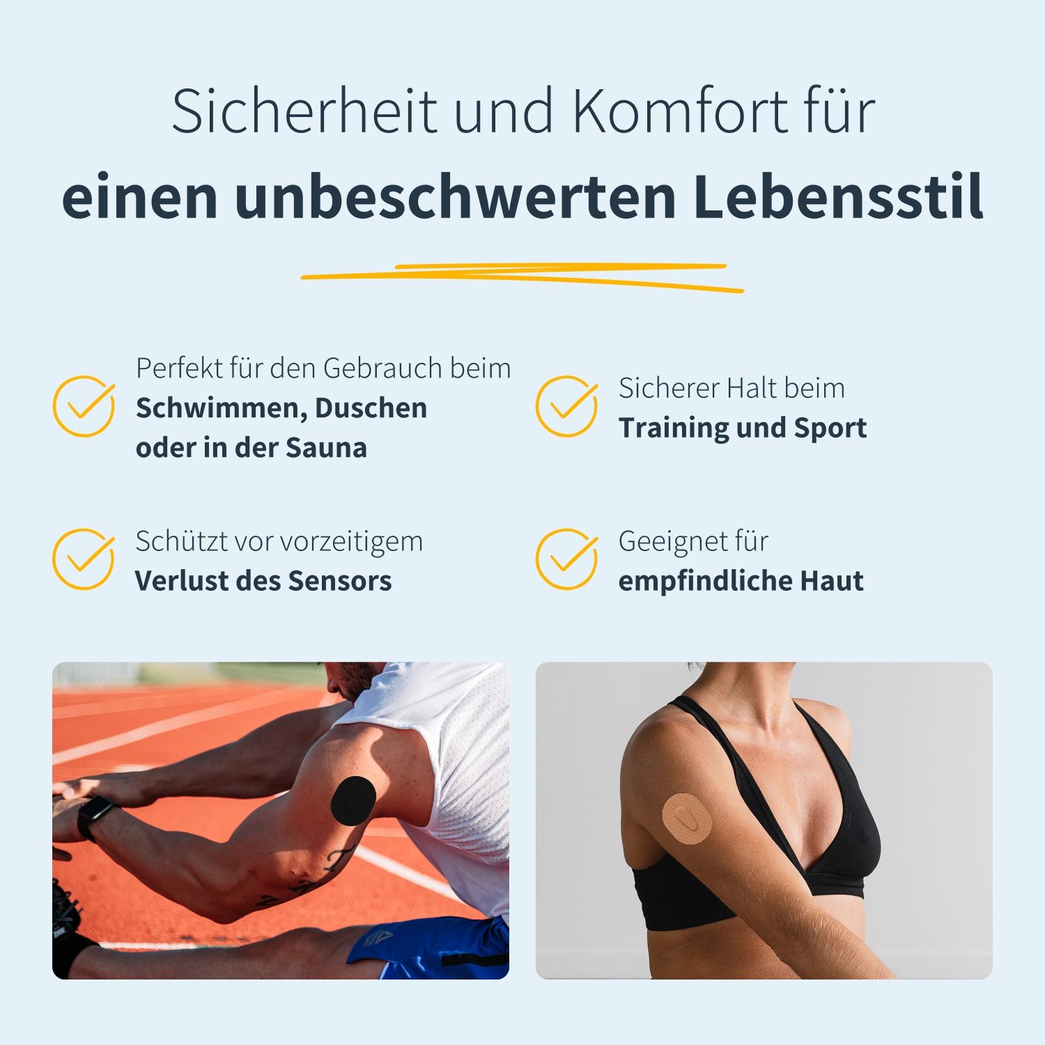 Text: Sicherheit und Komfort. Vorteile: Schwimmen, Sport, Schutz vor Verlust, für empfindliche Haut. Bilder: Person beim Sport, Frau mit Pflaster.