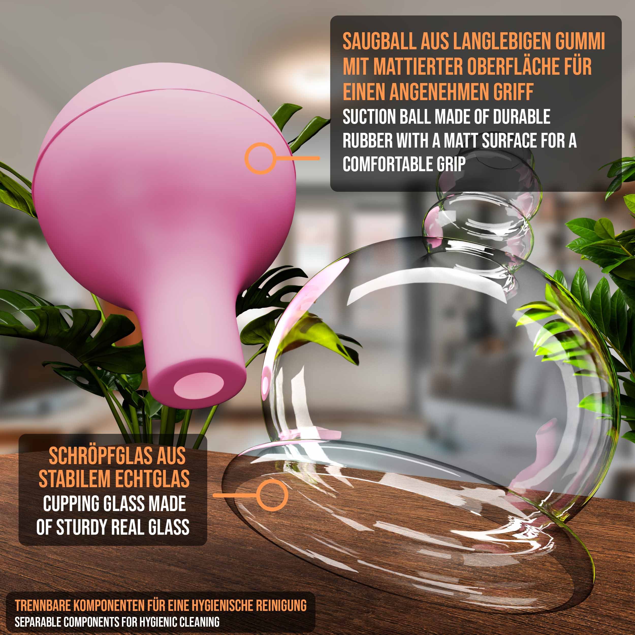 Pulox Schröpfgläser Set aus Echtglas - 5x Schröpfglas mit Saugball, verschiedene Größen in Pink