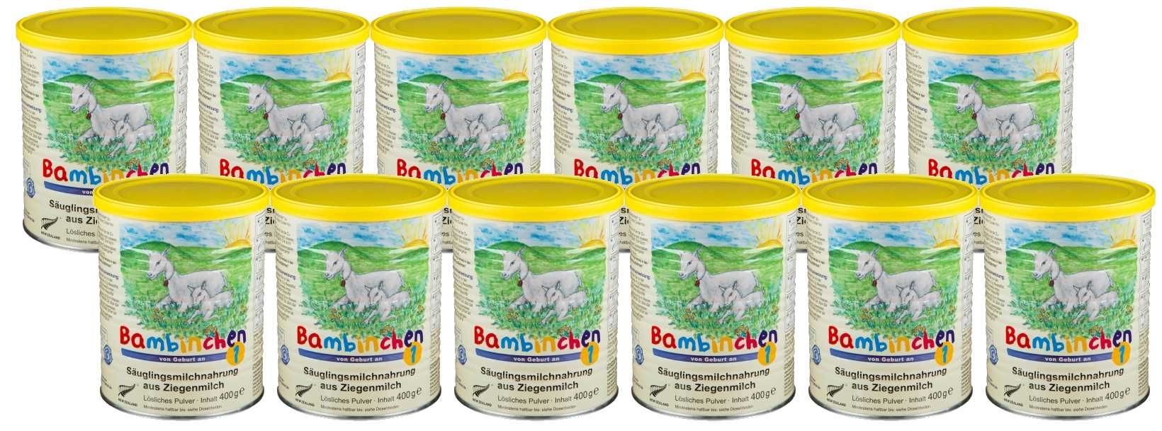 Mehrere Dosen Bambinchen 1 Säuglingsanfangsnahrung. Gelber Deckel, Etikett mit Ziege und Lamm. Text: Säuglingsmilchnahrung auf Ziegenmilchbasis.