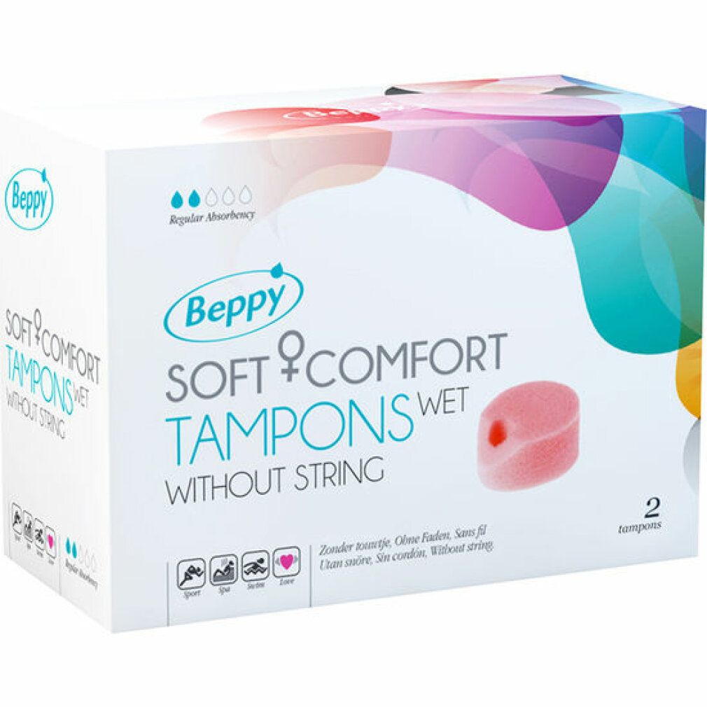 Produktverpackung mit Logo und Produktnamen: Beppy Soft & Comfort Tampons Wet. Rosa Tampon abgebildet. Enthält 2 Tampons.