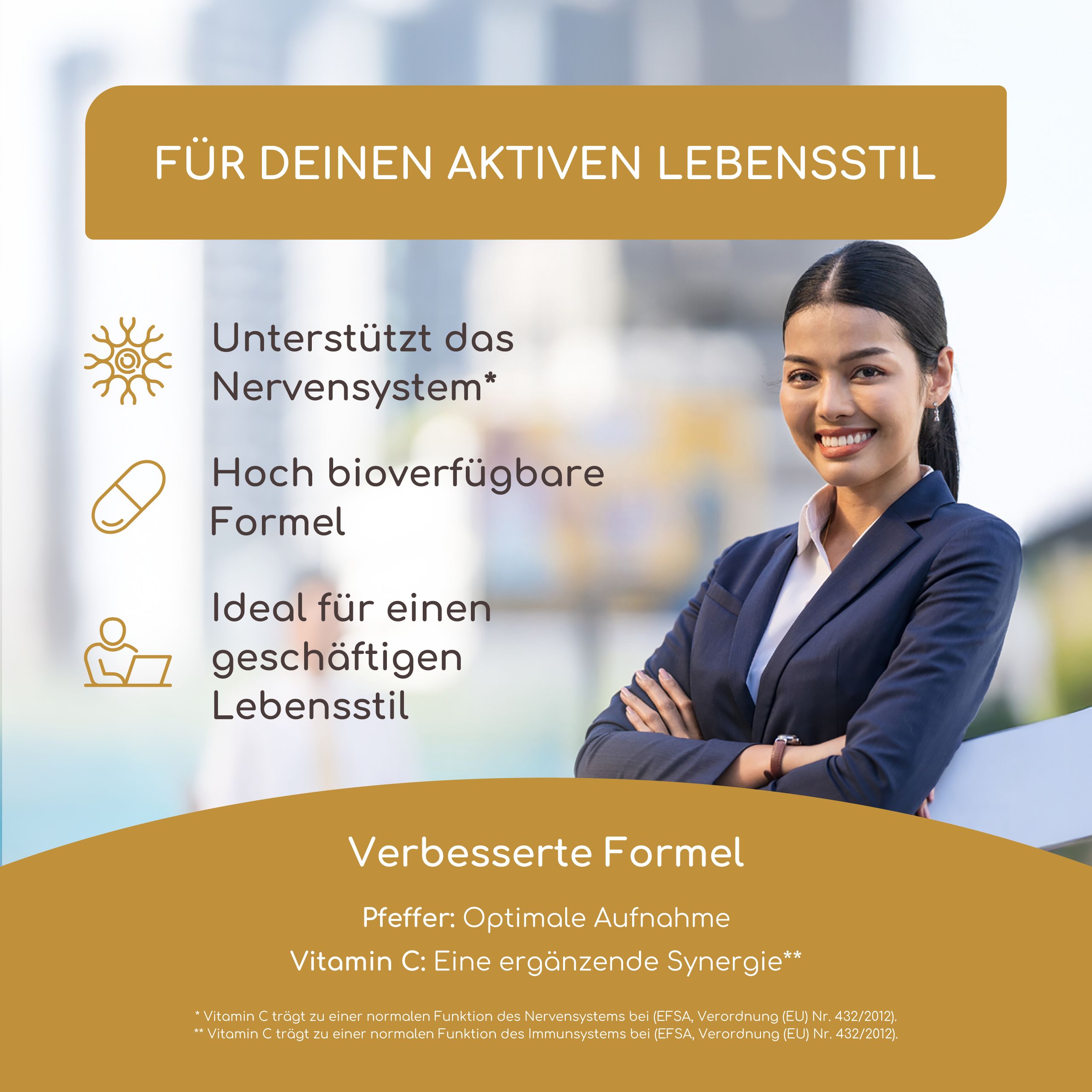 Frau im Anzug mit Text. Aufschrift: Verbesserte Formel, Vitamin C. Flasche mit gelbem Etikett.