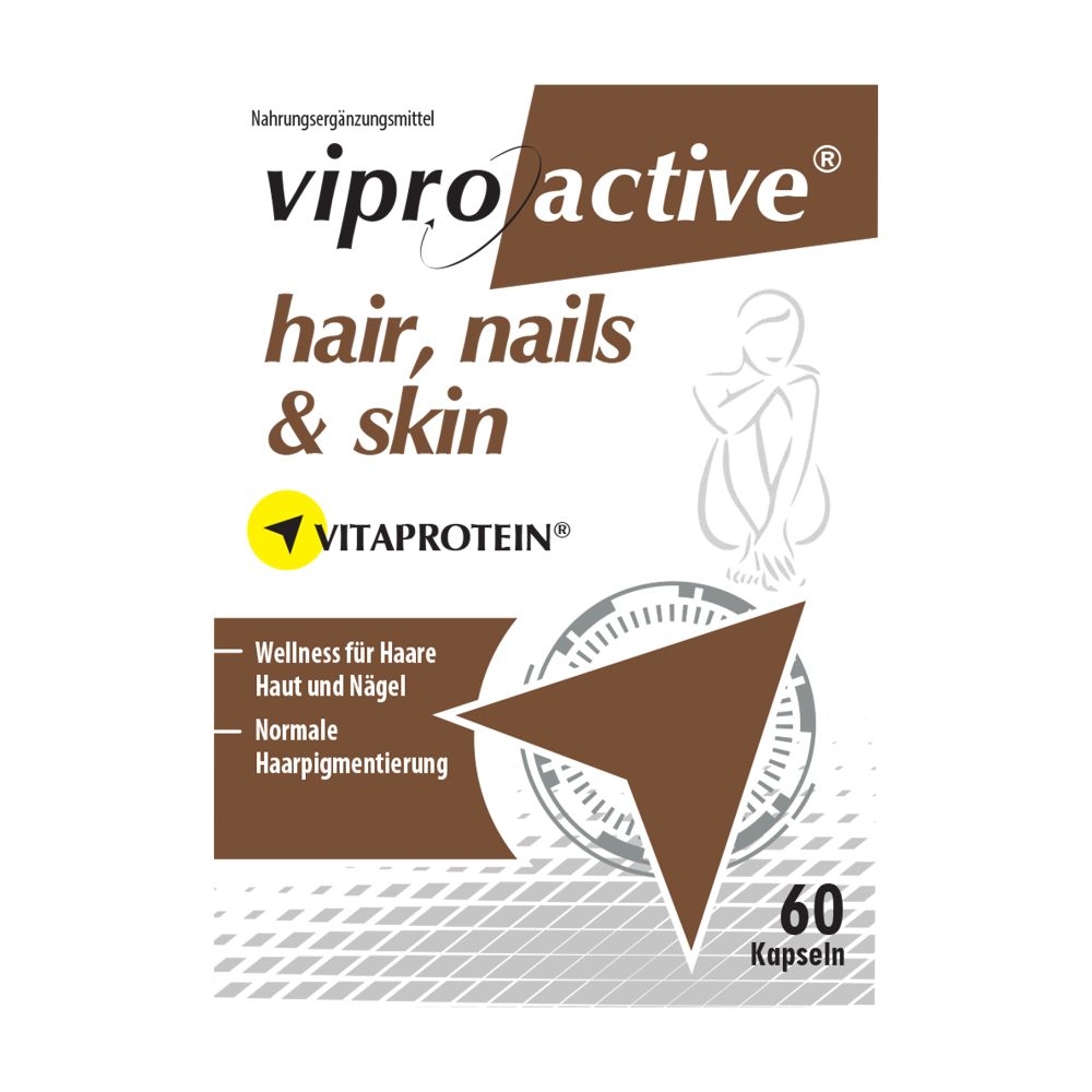 Viproactive® Hair, Nails & Skin-Packung. Braune Verpackung mit 60 Kapseln. Text und Logo.