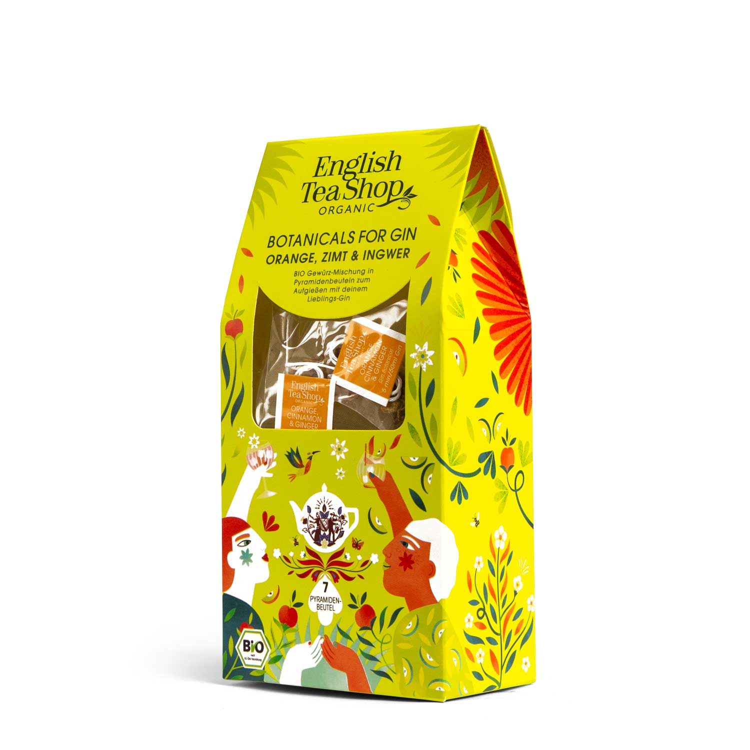 Gelbe Verpackung mit Botanicals für Gin. Sichtfenster. 7 Pyramidenbeutel. English Tea Shop.