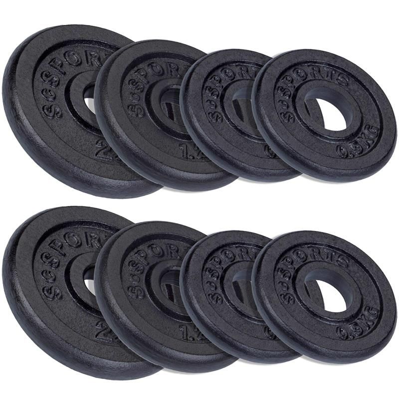 Acht schwarze Hantelscheiben. Auf jeder Scheibe steht "ScSPORTS" und "1.25KG".