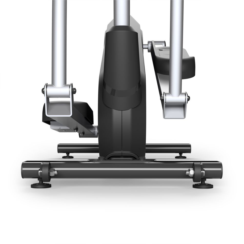 Unteransicht des Horizon Fitness Milos 3.0 Crosstrainer. Schwarze Basis, silberne Stützen. Pedale und Standfüße.