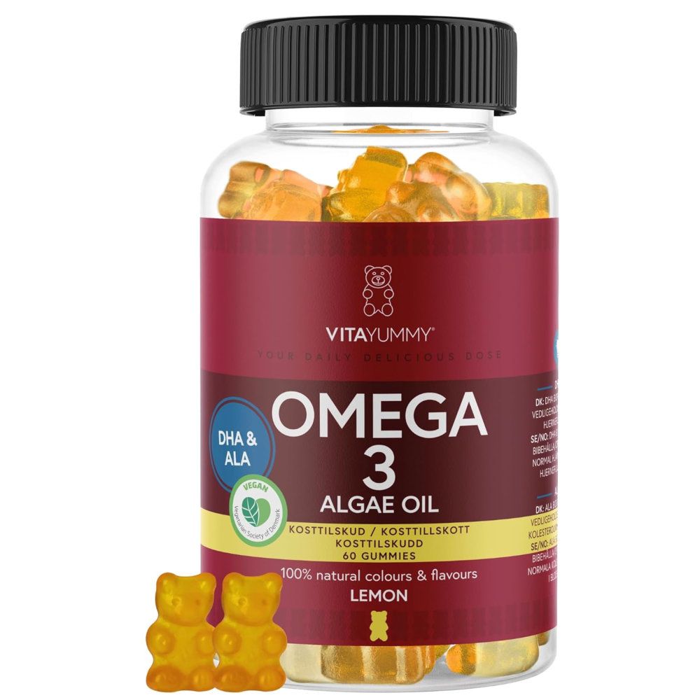 Klare Flasche mit Omega 3 Algenöl Gummibärchen. Aufschrift: VITAYUMMY, Omega 3, Algenöl, 60 Gummies, Zitrone. Zwei Gummibärchen daneben.