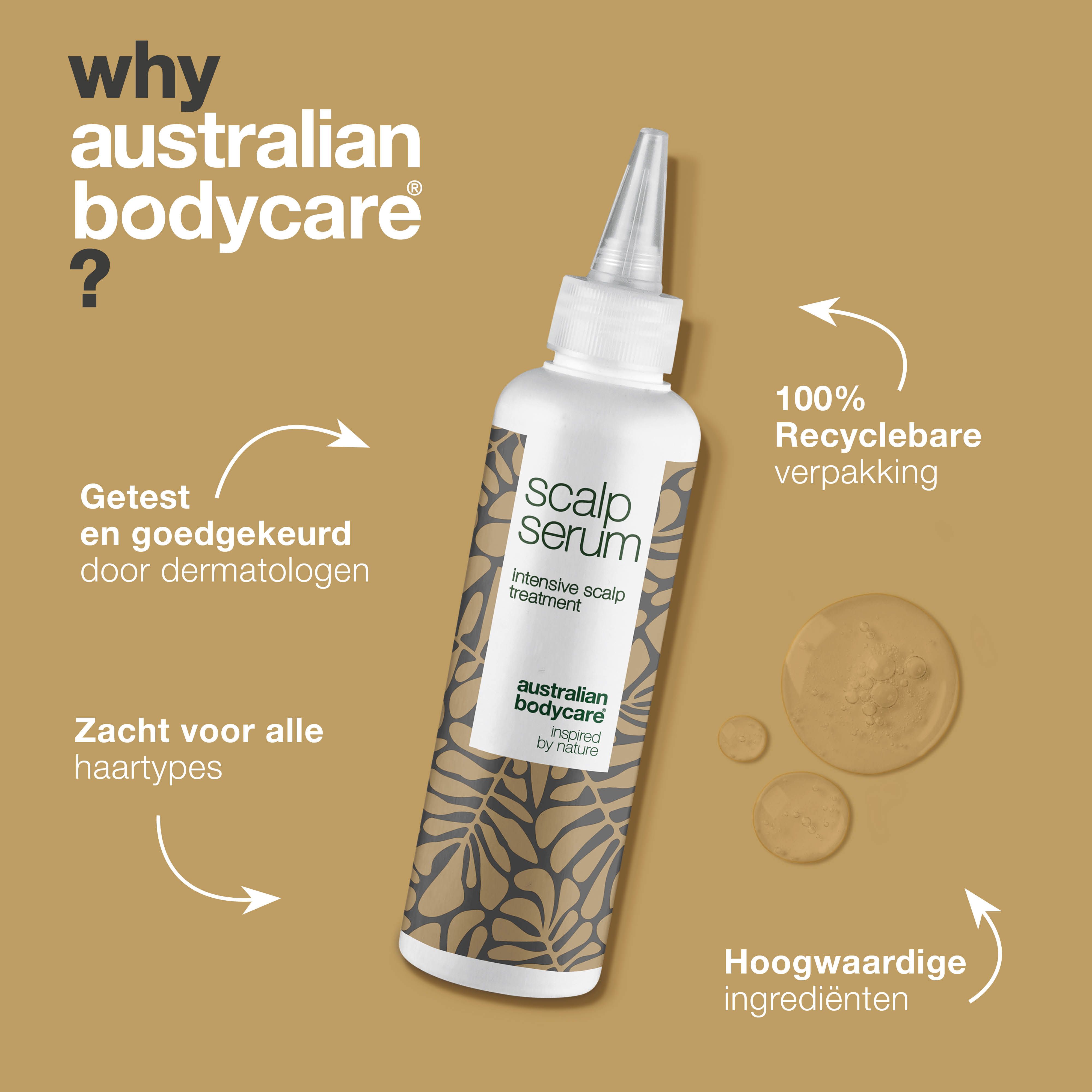 Waarom Australian Bodycare? Getest, zacht, hoogwaardige ingrediënten. Serumfles: Scalp Serum, Australian Bodycare.