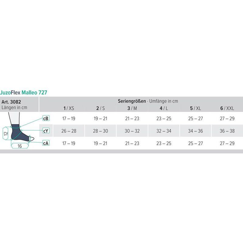 Größentabelle für JuzoFlex Malleo 727. Größenangaben in cm. Diagramm mit Umfängen und Längen. Produktbezeichnung und Artikelnummer.