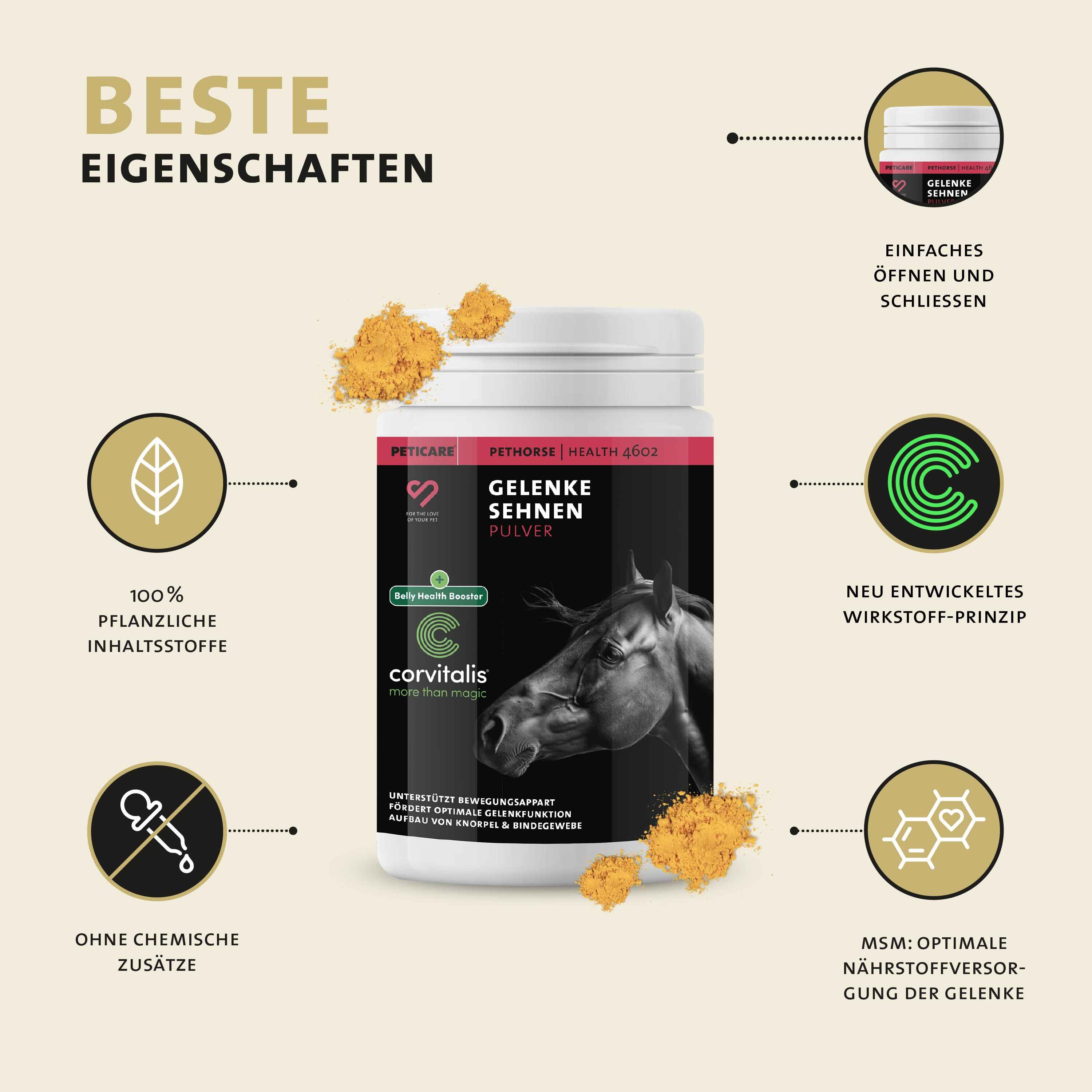 Produkt: Gelenke Sehnen Pulver. Dose mit Text. Beste Eigenschaften. 100% pflanzliche Inhaltsstoffe.