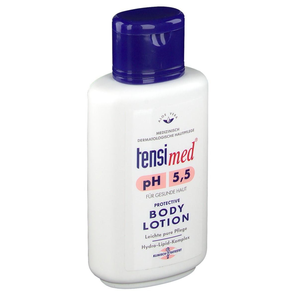 Weiße Flasche mit blauem Deckel. Aufschrift: tensimed pH 5,5 Protective Body Lotion. Medizinische Hautpflege.