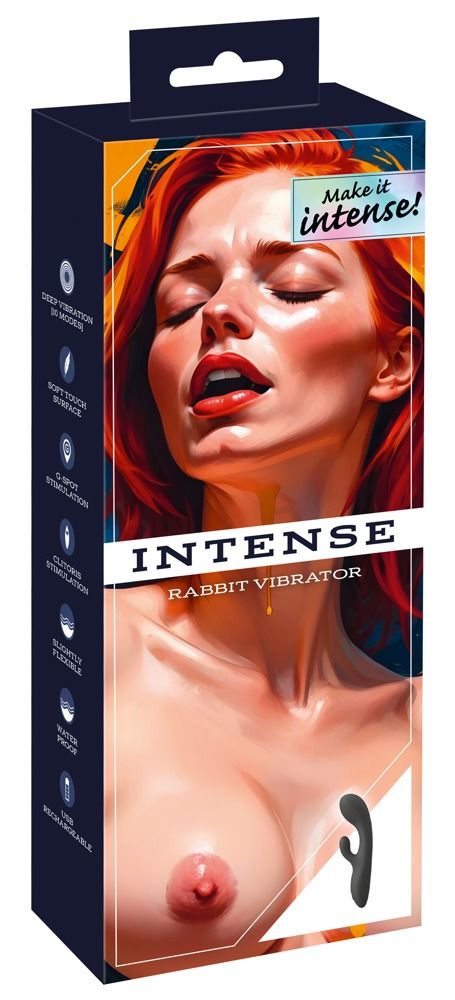 Verpackung für einen Vibrator. Enthält Produktabbildung und Text: 'Intense - Rabbit Vibrator'.