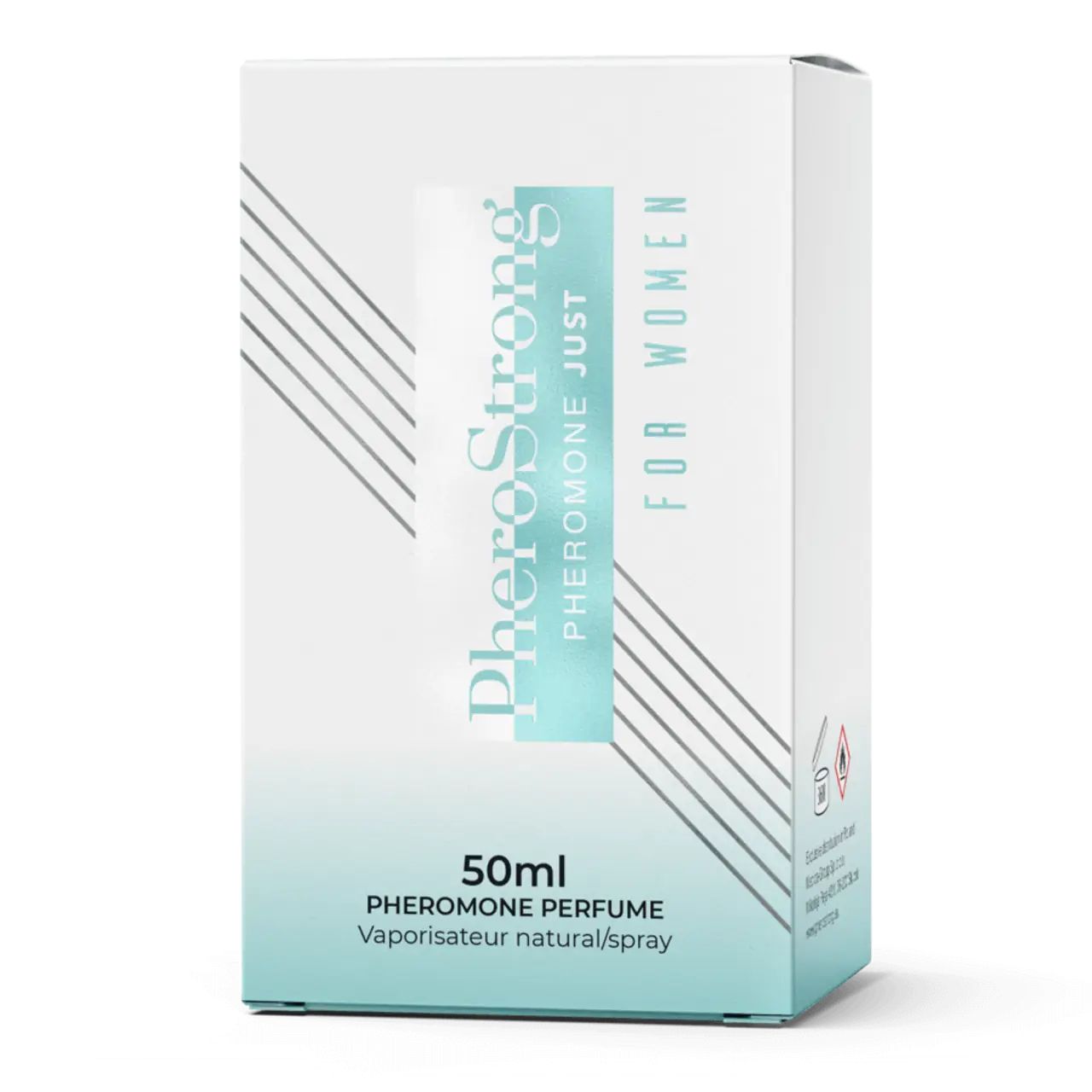 Weiße Verpackung mit Aufschrift: PheroStrong Pheromone Just For Women. 50ml, Pheromon-Parfüm. Türkisfarbenes Rechteck mit Text.