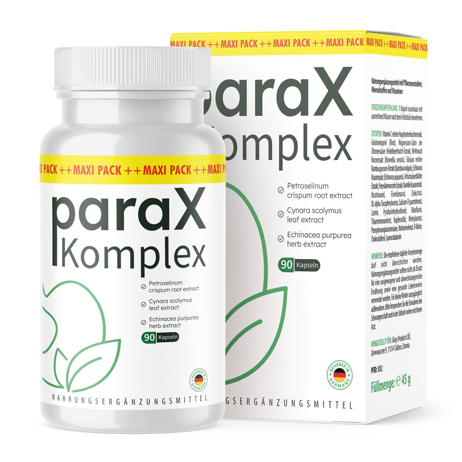 Weiße Kapsel-Dose und Verpackung mit "ParaX Komplex"-Logo. Enthält 90 Kapseln. Aufschrift: Nahrungsergänzungsmittel. Mit Inhaltsstoffen.