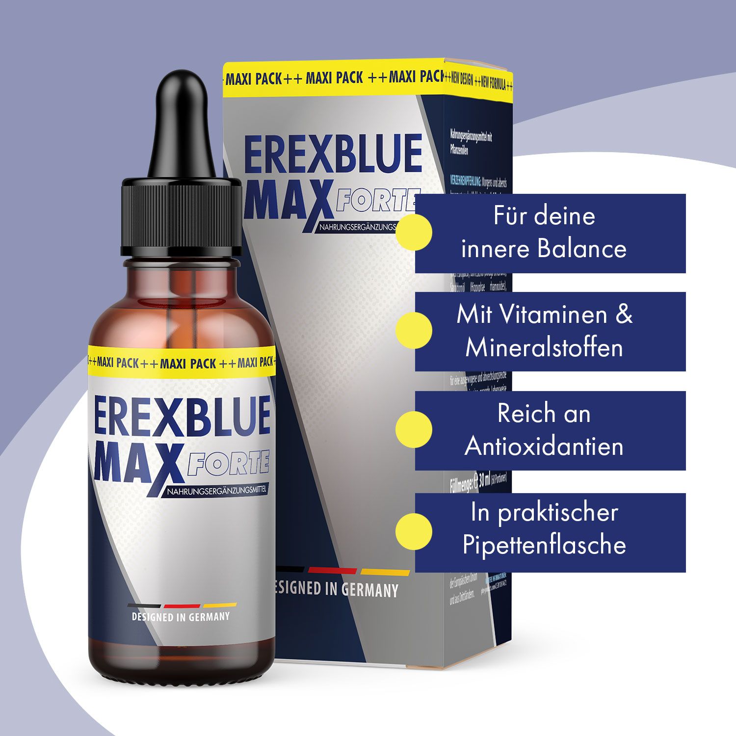 Braune Glasflasche mit schwarzem Tropfer und Produktverpackung. Text: EREXBLUE MAX FORTE. Vorteile: Balance, Vitamine, Antioxidantien, Pipettenflasche.