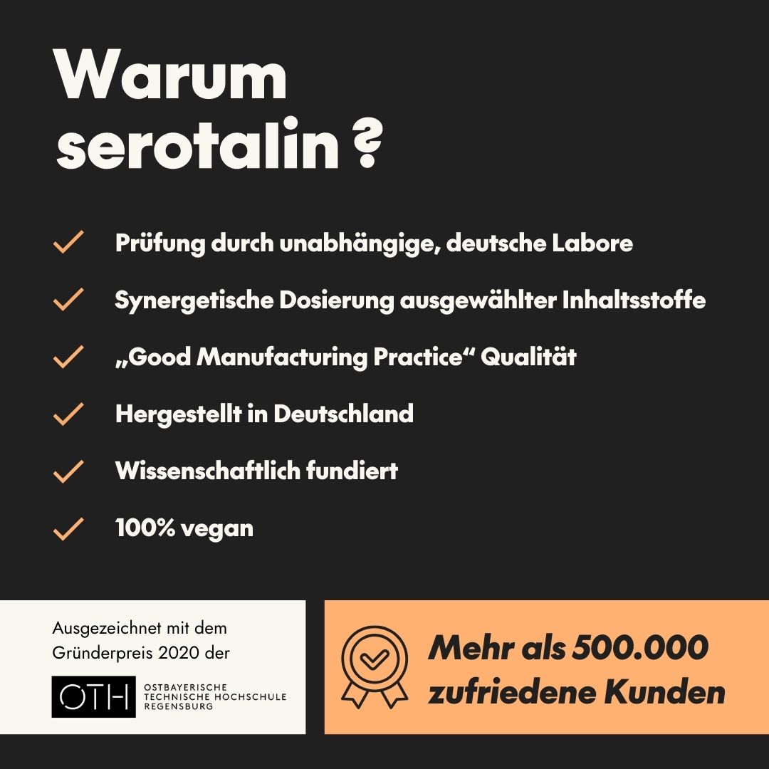 Text auf schwarzem Hintergrund: Warum serotalin? Auflistung von Vorteilen, darunter vegan und Laborgeprüft.