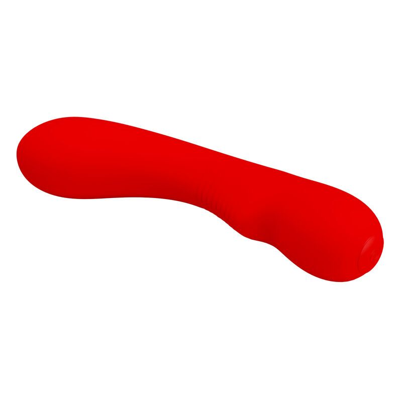 Roter Vibrator mit geschwungener Form. Ein Ende ist abgerundet, das andere spitz zulaufend.