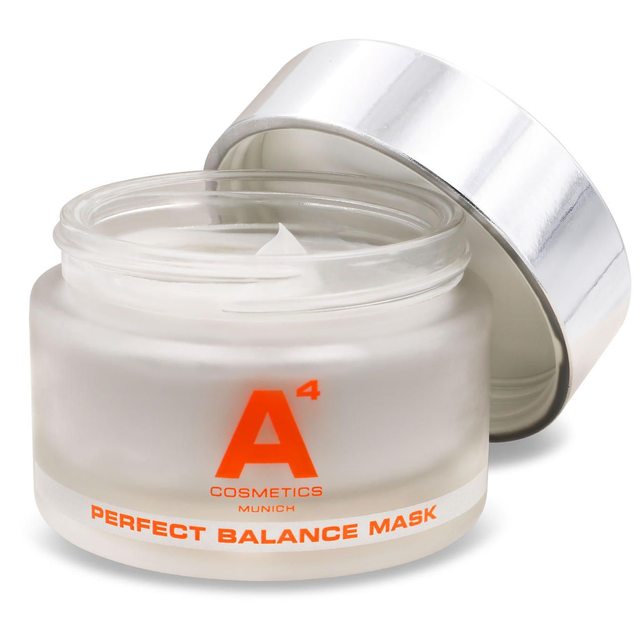 Geöffneter Cremebehälter mit silbernem Deckel. Aufschrift: A4 Cosmetics, Perfect Balance Mask. Orangefarbenes Logo.