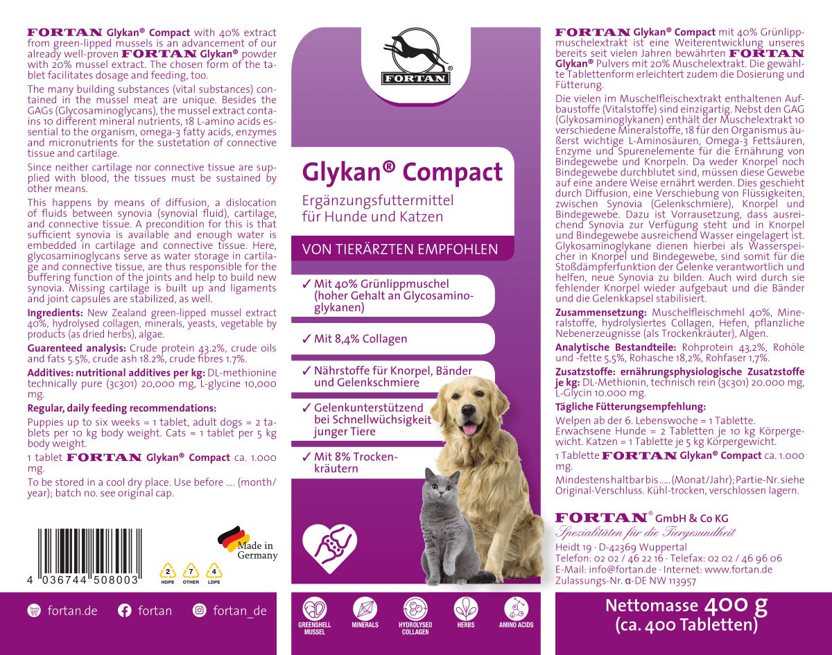 Produktetikett mit Text und Abbildungen. Aufschrift: Glykan Compact. Abbildung von Hund und Katze. Logo: Fortan. Hergestellt in Deutschland.