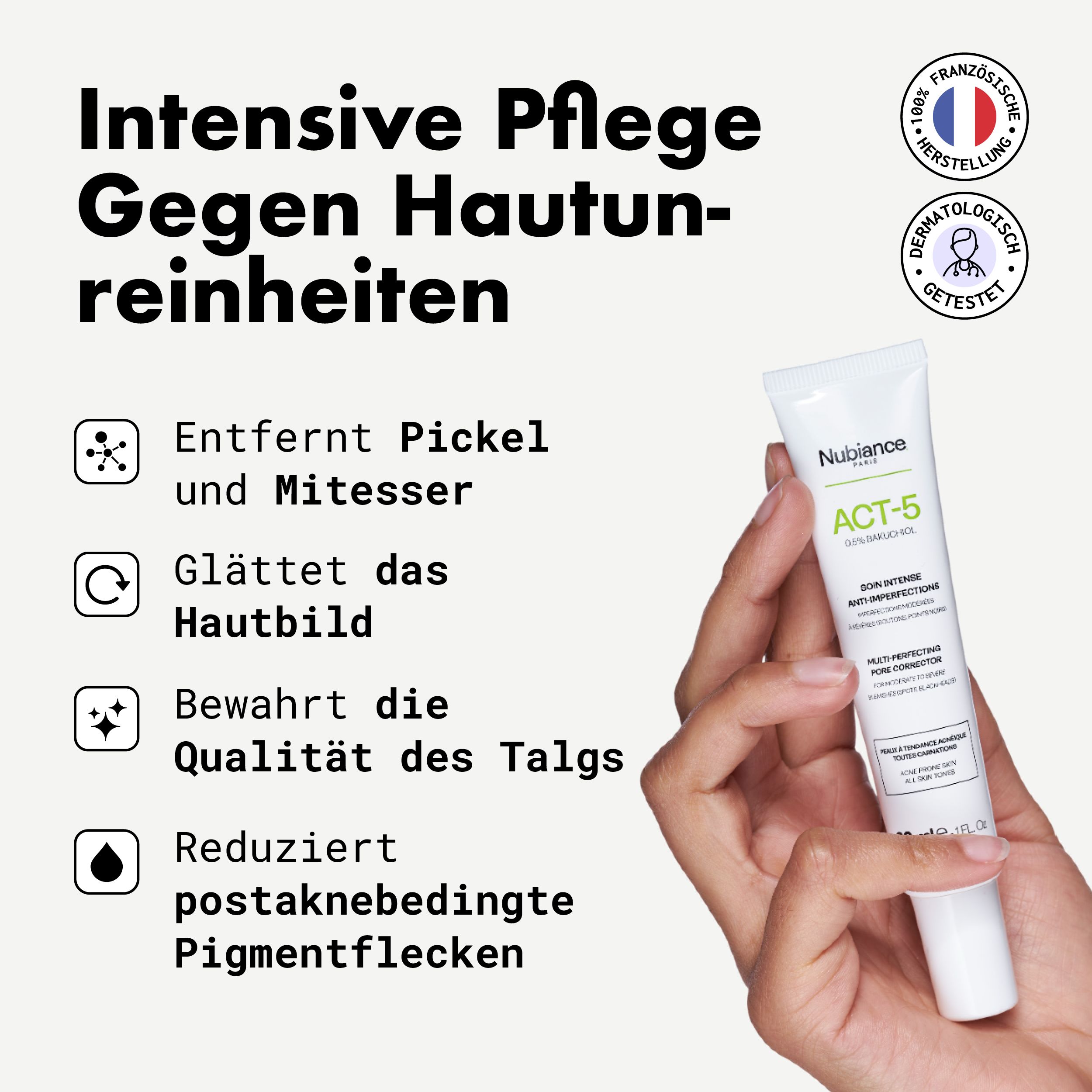 Nahaufnahme eines Gesichts. Text: Intensive Pflege gegen Hautunreinheiten. Icons und Text beschreiben Vorteile.
