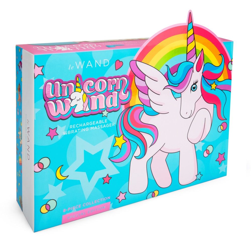 Verpackung mit Einhorn-Illustration und Text "le Wand Unicorn Wand".