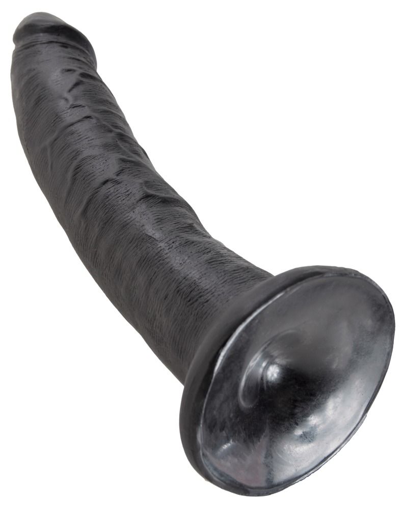 Schwarzer Dildo mit Saugnapf, leicht gebogen. Perspektivische Ansicht.