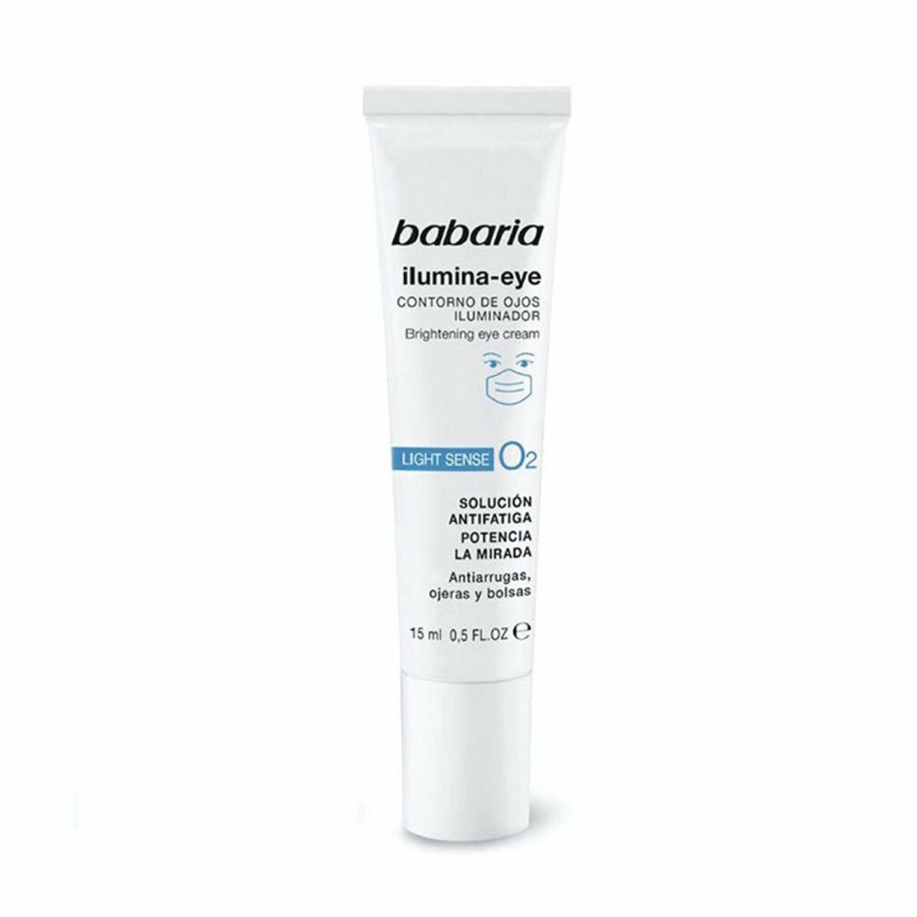 Weiße Tube mit Babaria Ilumina-Eye-Aufdruck. Blaue Akzente, Text in Spanisch und Englisch. 15 ml.