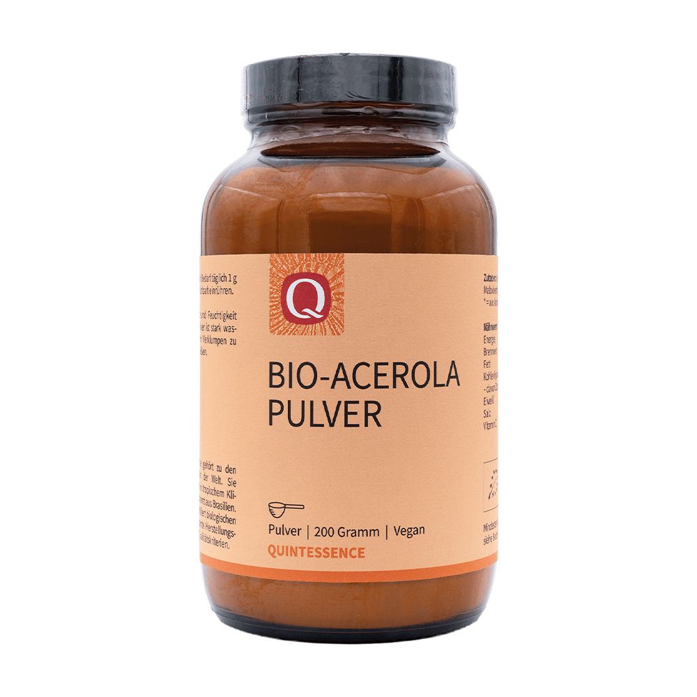 Braune Glasflasche mit schwarzem Deckel. Etikett mit "BIO-ACEROLA PULVER", "200 Gramm" und "QUINTESSENCE".