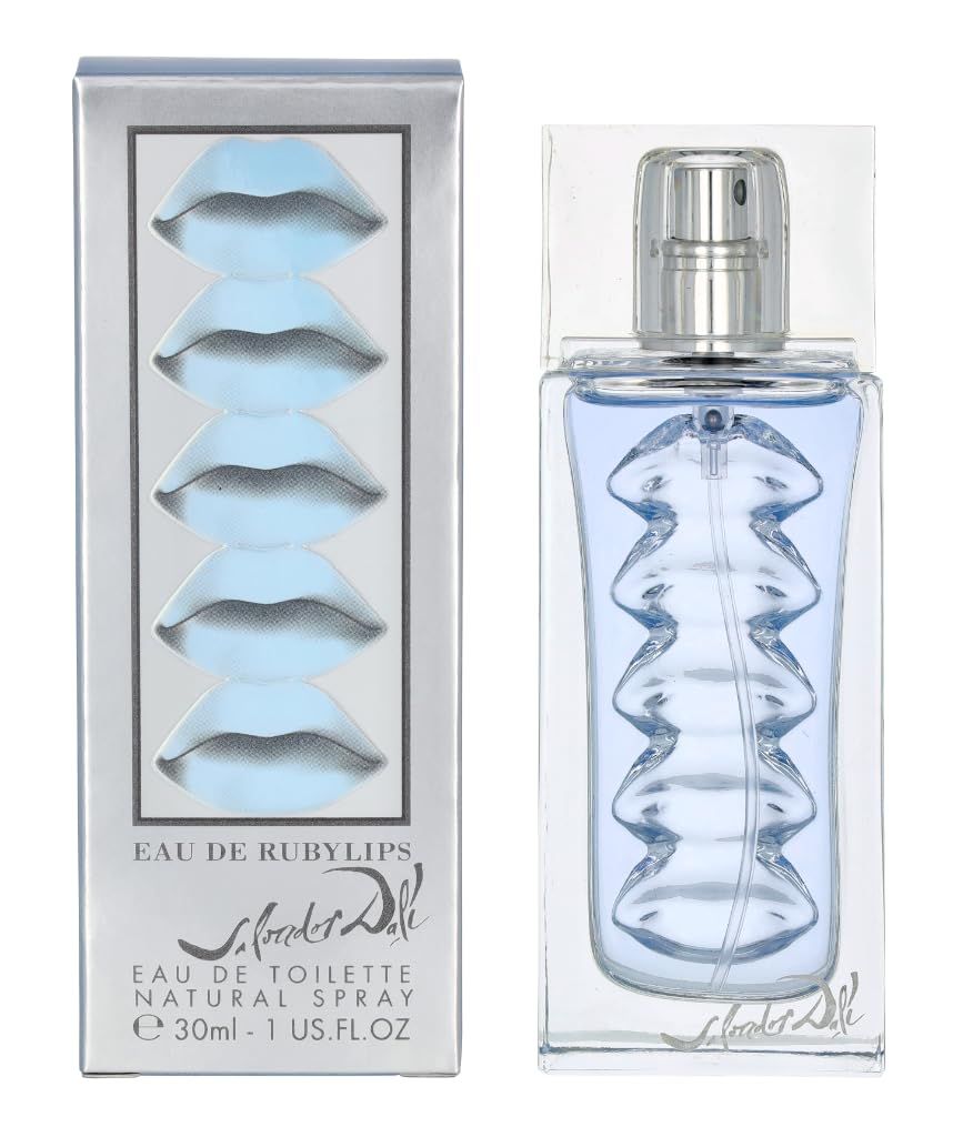 Eau de Rubylips Flakon und Verpackung. Flakon mit Lippen-Design, silberner Verschluss. Verpackung mit Lippen-Motiv und Logo.