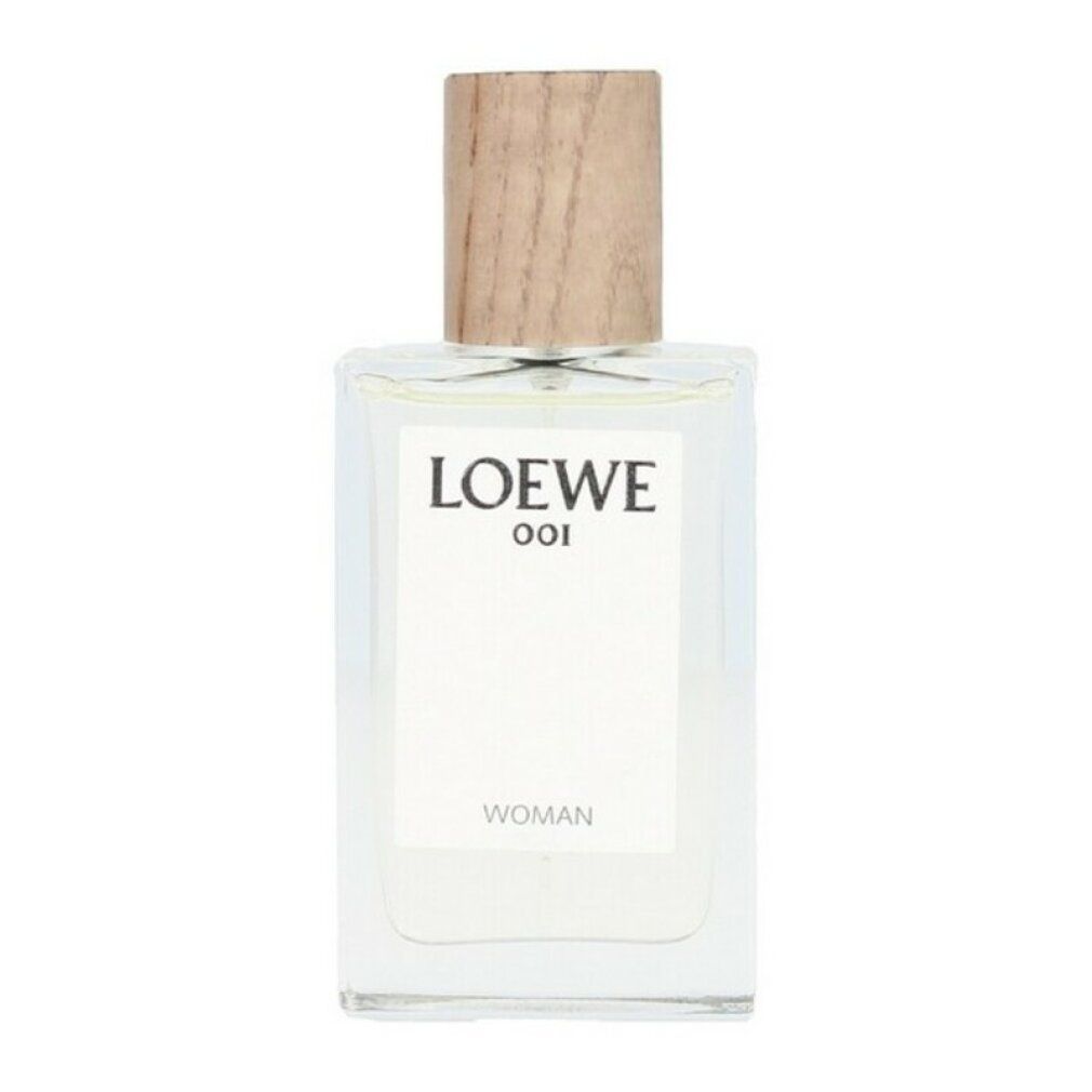Loewe 001 Woman Eau de Parfum. Rechteckiger Glasflakon mit Holzverschluss. Weißes Etikett mit Logo und Schriftzug.