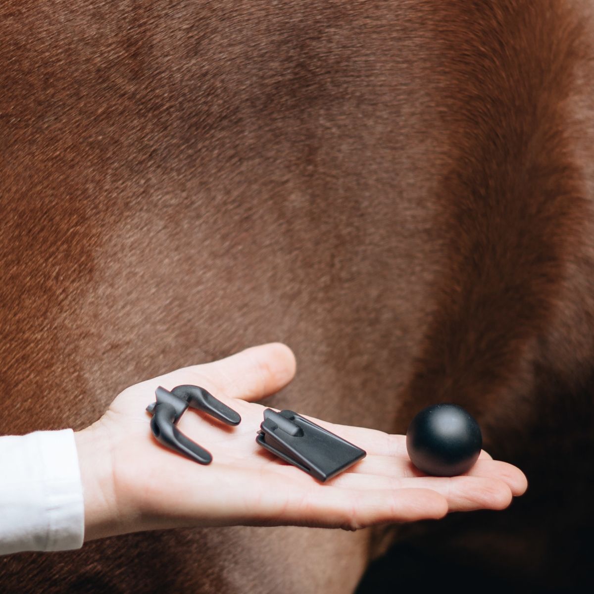 Hand hält schwarzes Massagezubehör: Kugel, zwei Aufsätze. Hintergrund: braunes Fell.