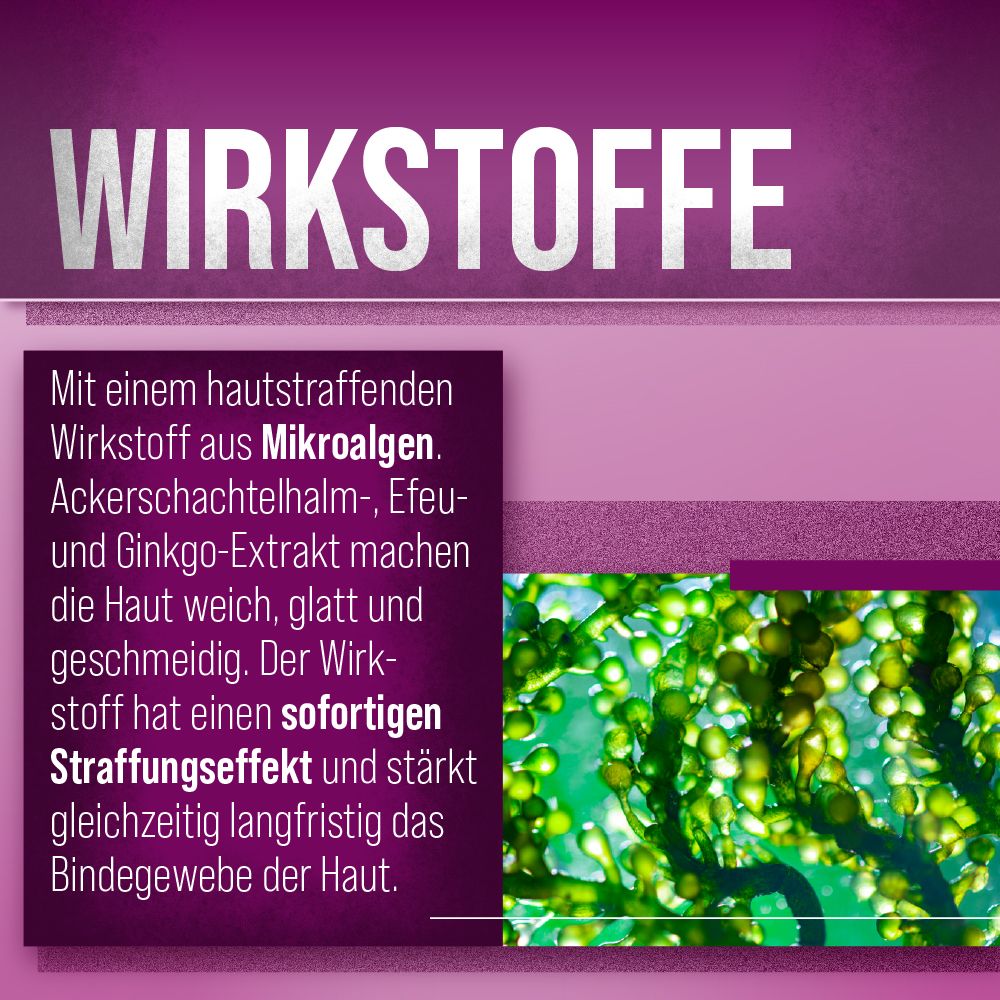 Nahaufnahme von Mikroalgen. Text: Wirkstoffe. Beschreibung: Hautstraffender Wirkstoff aus Mikroalgen, Ackerschachtelhalm-, Efeu- und Ginkgo-Extrakt.
