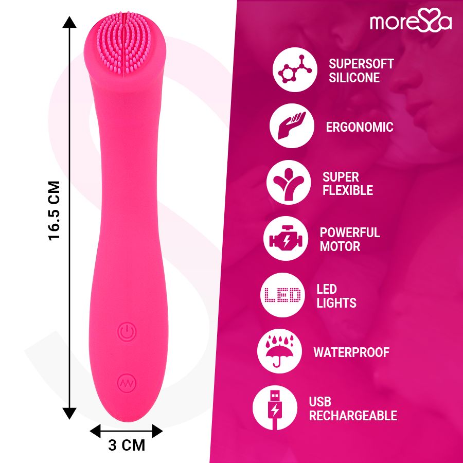 Pinkfarbenes Silikon-Produkt. Maße: 16,5 cm x 3 cm. Eigenschaften: Supersoft, ergonomisch, flexibel, Motor, LED, wasserdicht, USB.