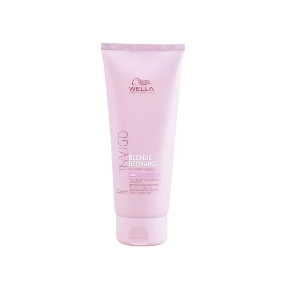 Rosa Tube mit Schriftzug INVIGO BLONDE RECHARGE. Marke WELLA. Produktname und weitere Informationen auf dem Etikett.
