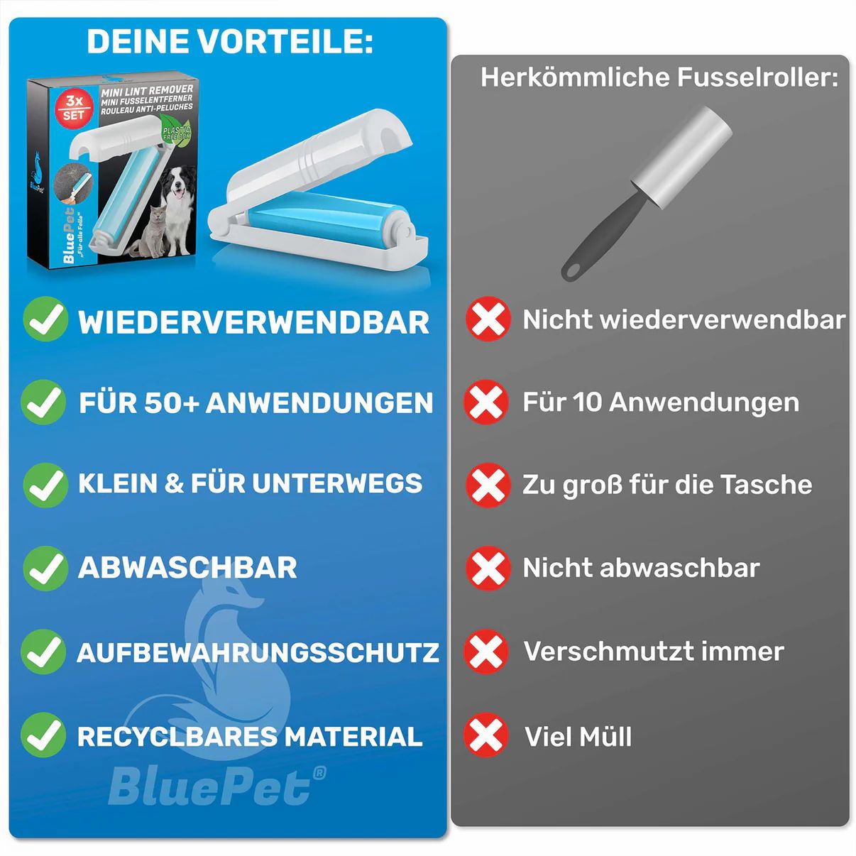 Vergleich: Vorteile des Mini-Fusselrollers vs. herkömmliche Fusselroller. Text: Wiederverwendbar, klein, abwaschbar, etc.