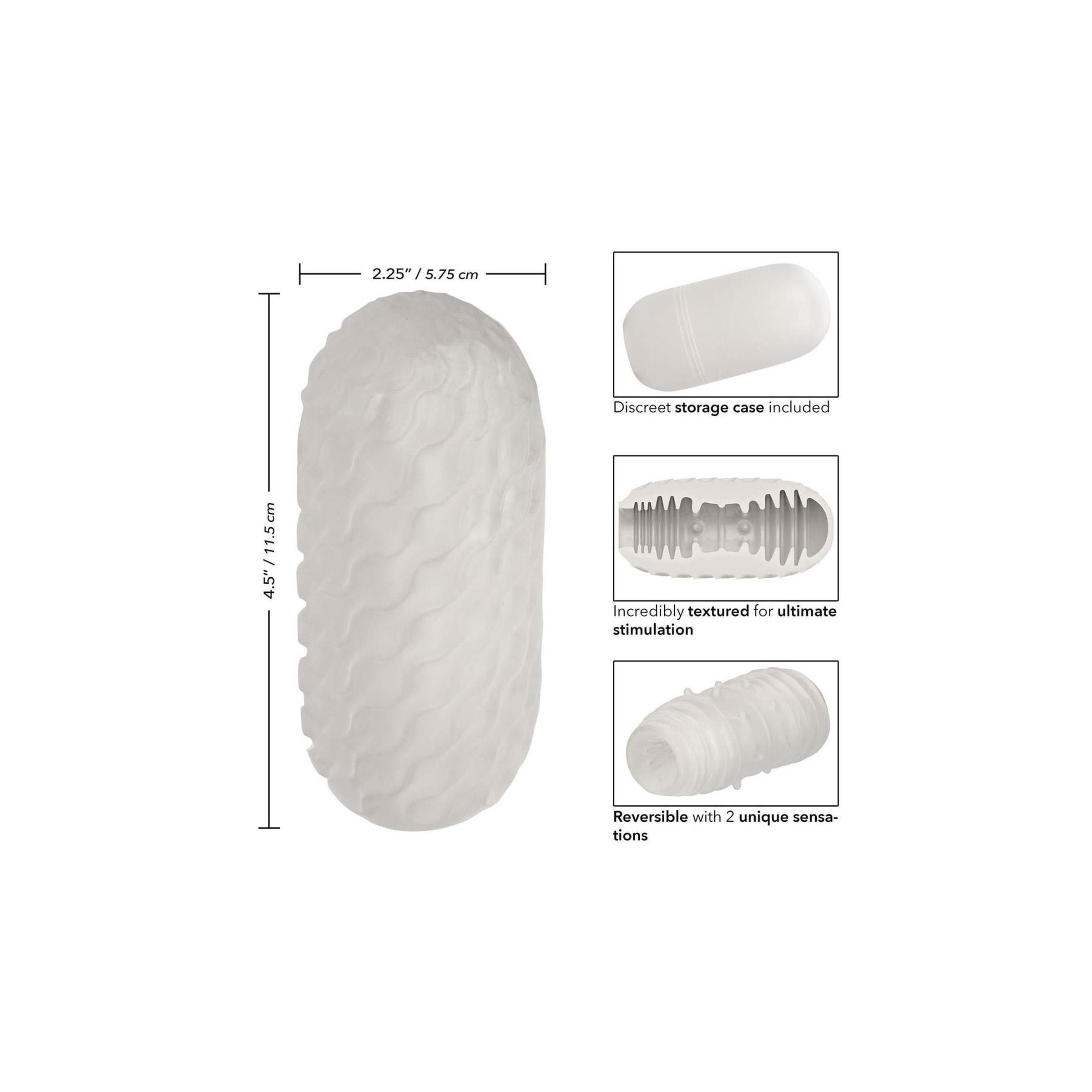 Weißes, ovales Produkt mit Rippen und Textur. Maße: 4,5" x 2,25". Inklusive Aufbewahrungsetui.