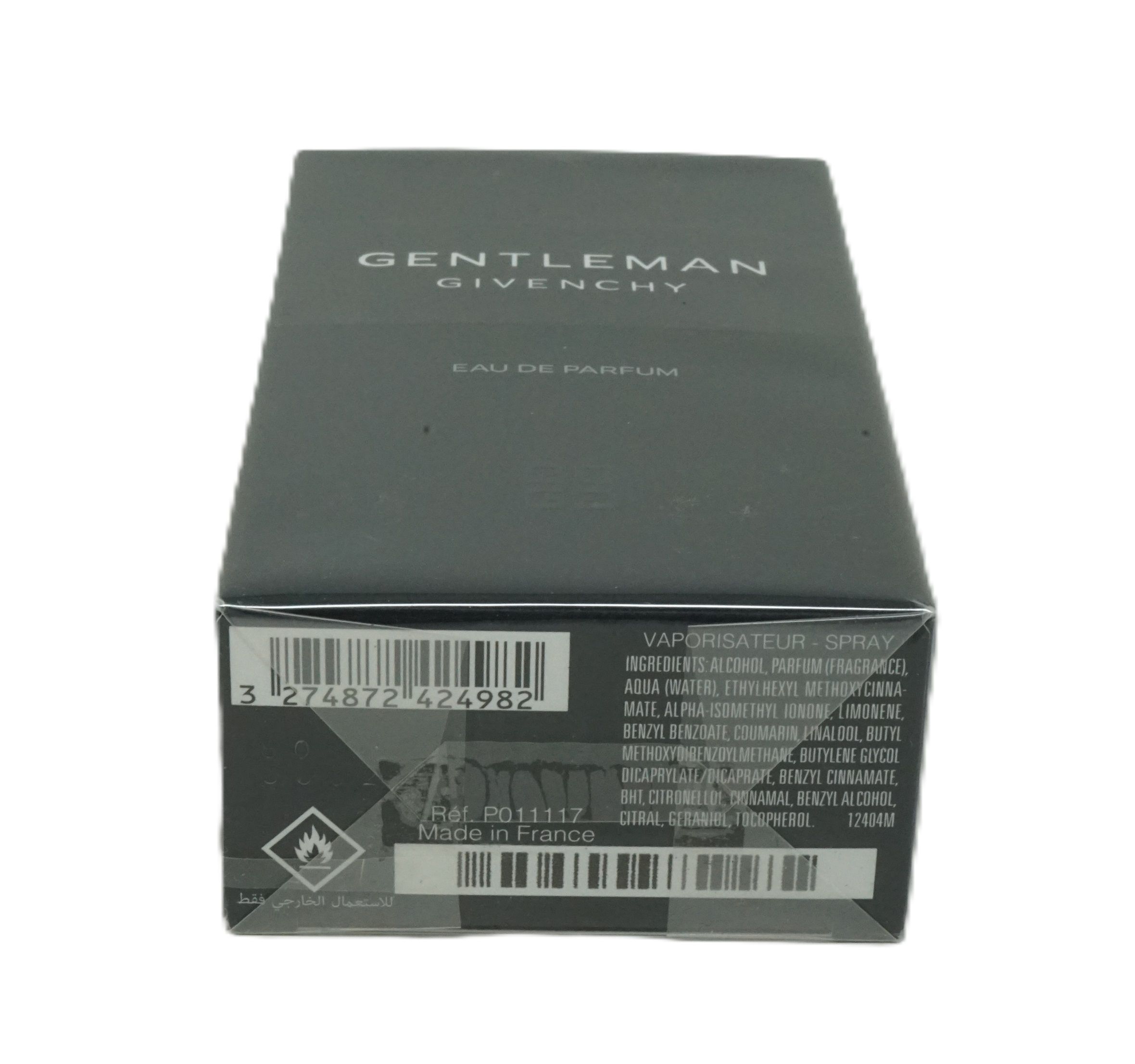 Schwarze Verpackung mit weißem Schriftzug GENTLEMAN GIVENCHY und Eau de Parfum. Barcode und Inhaltsstoffe.
