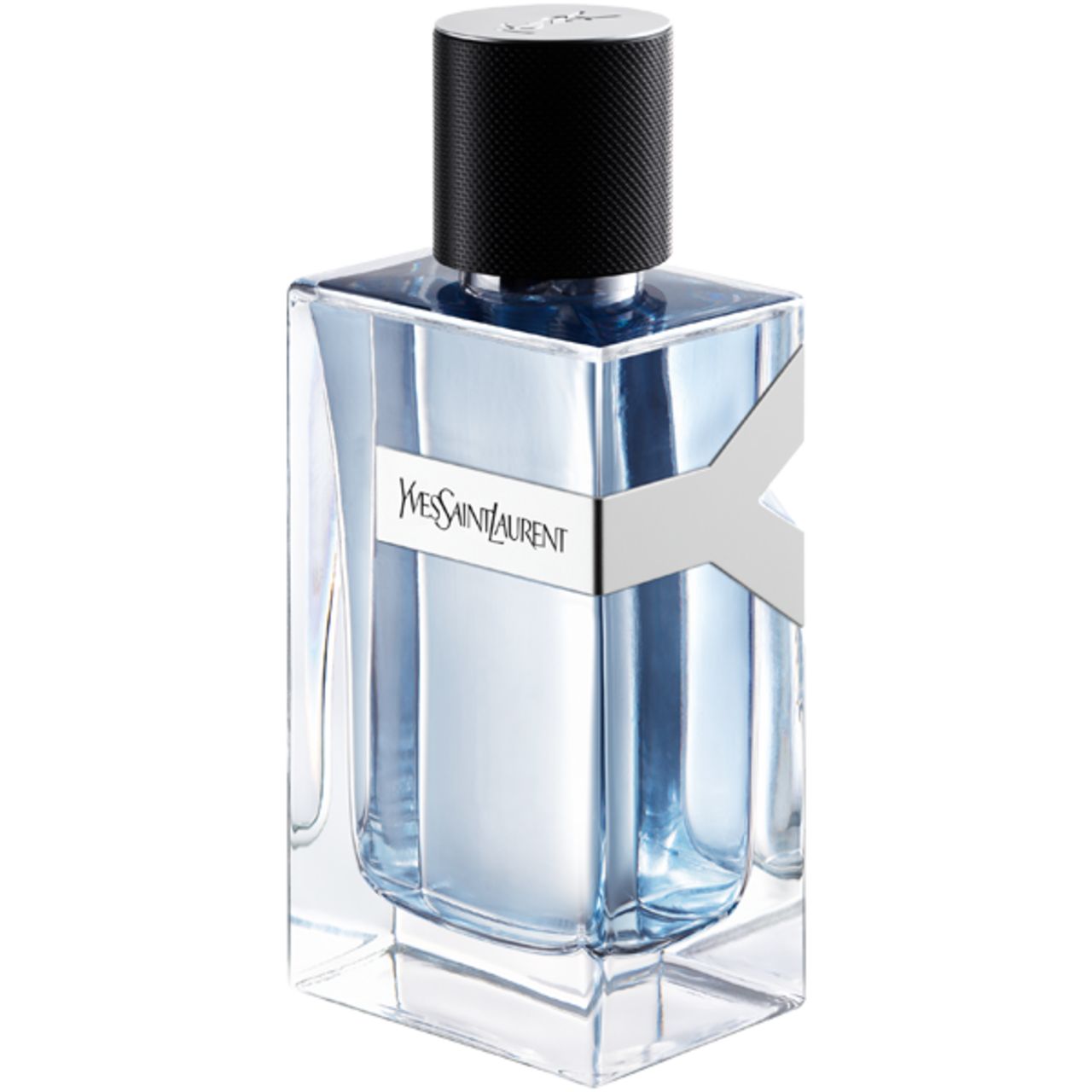 Yves Saint Laurent Y Men E.d.T. Vapo. Eckiger Flakon, schwarzer Verschluss. Silbernes Y-Logo. Klarer Inhalt.