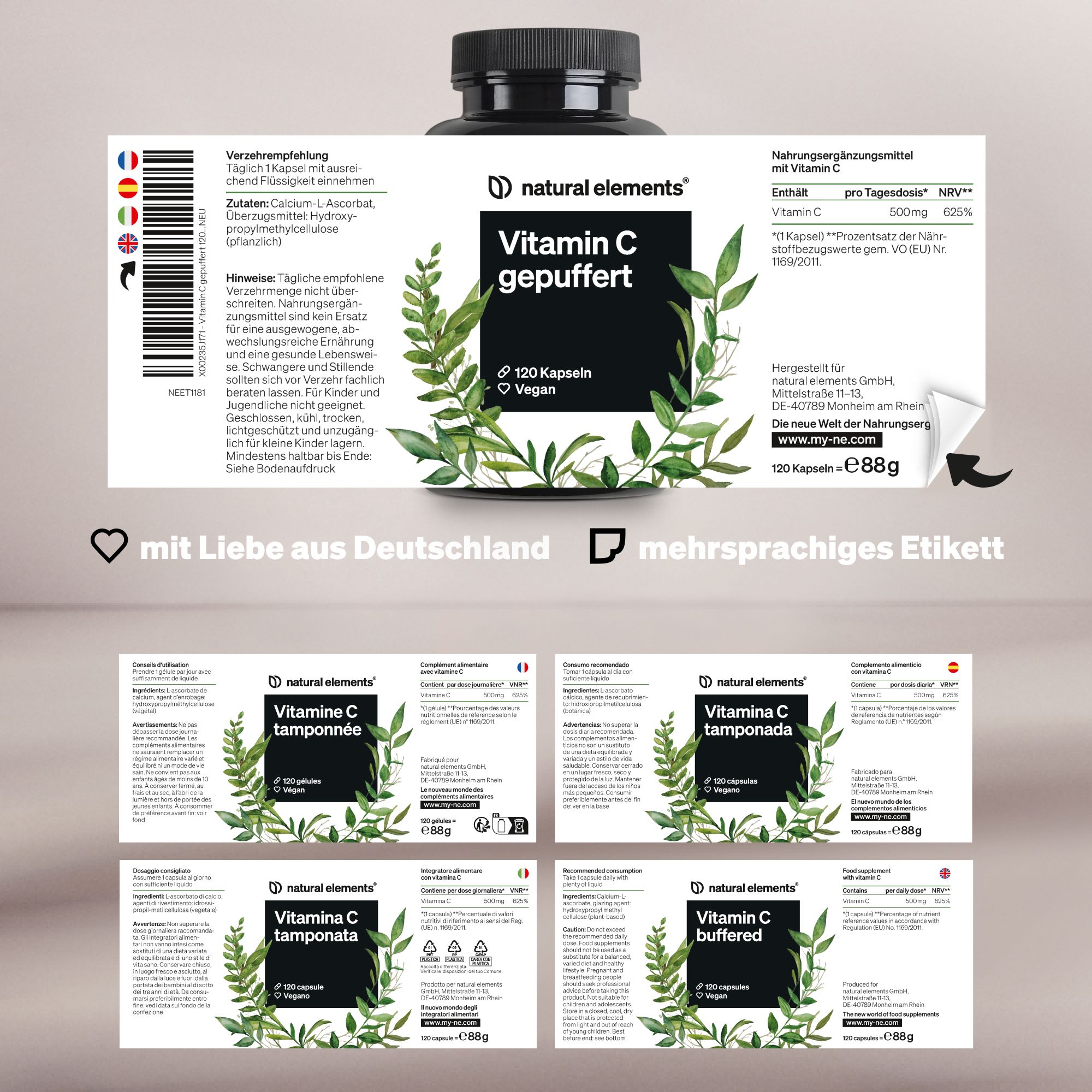 natural elements Vitamin C gepuffert 500mg – 120 Kapseln – magenschonend – pflanzliche Fermentation