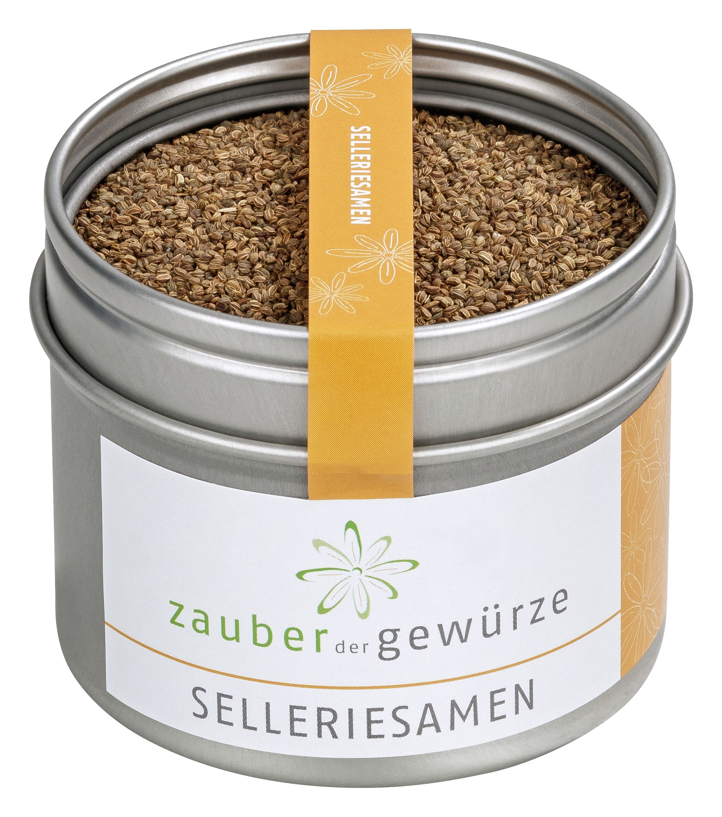 Runde Dose mit Selleriesamen. Etikett mit "Zauber der Gewürze" und "Selleriesamen". Gelber Streifen mit "Selleriesamen".