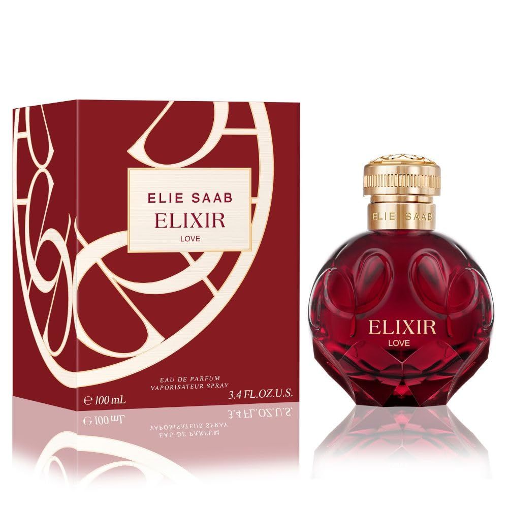 Roter Flakon mit goldfarbenem Deckel und Verpackung. Aufschrift: ELIXIR LOVE. Verpackung mit Logo und Schriftzug.