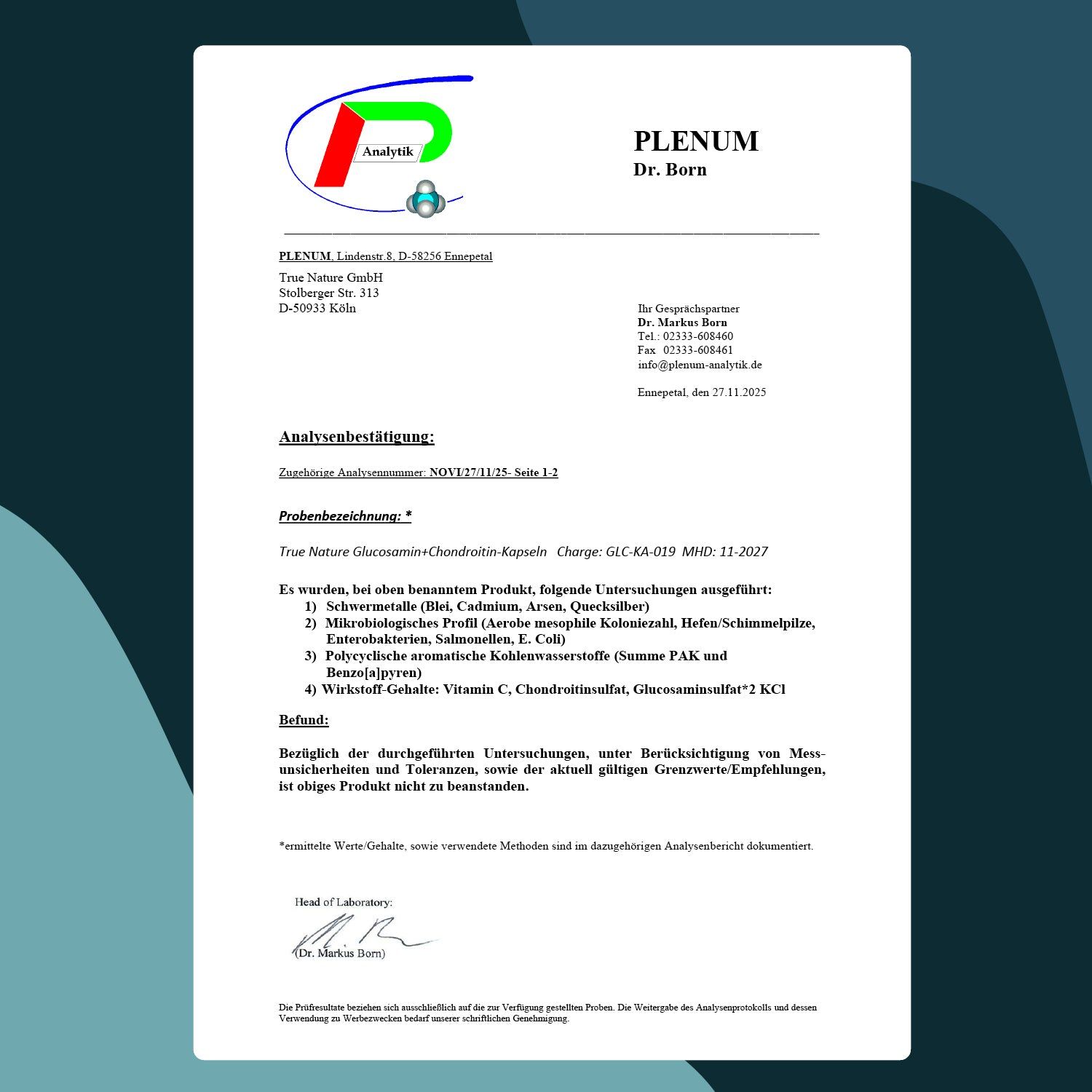 Analysenzertifikat von Plenum Dr. Born. Enthält Informationen zu Analysen von True Nature Glucosamin + Chondroitin Kapseln.