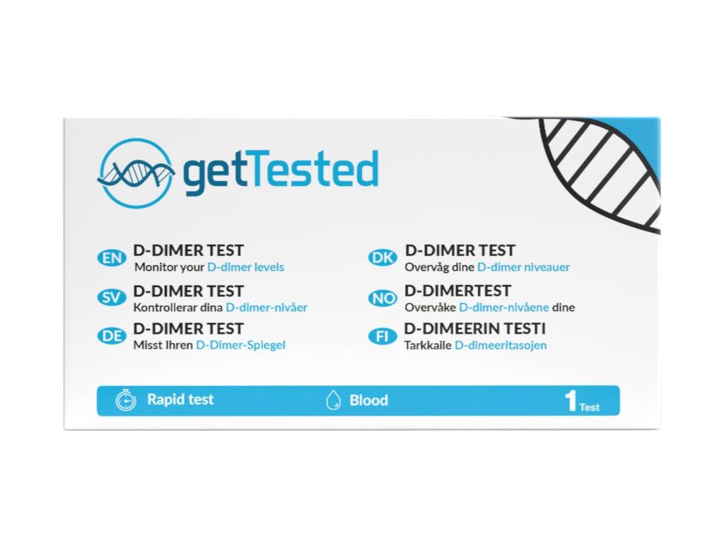 GetTested D-Dimer-Test-Packung. Enthält Test, Schnelltest, Blut. Mehrsprachige Beschriftung: D-Dimer Test in verschiedenen Sprachen.