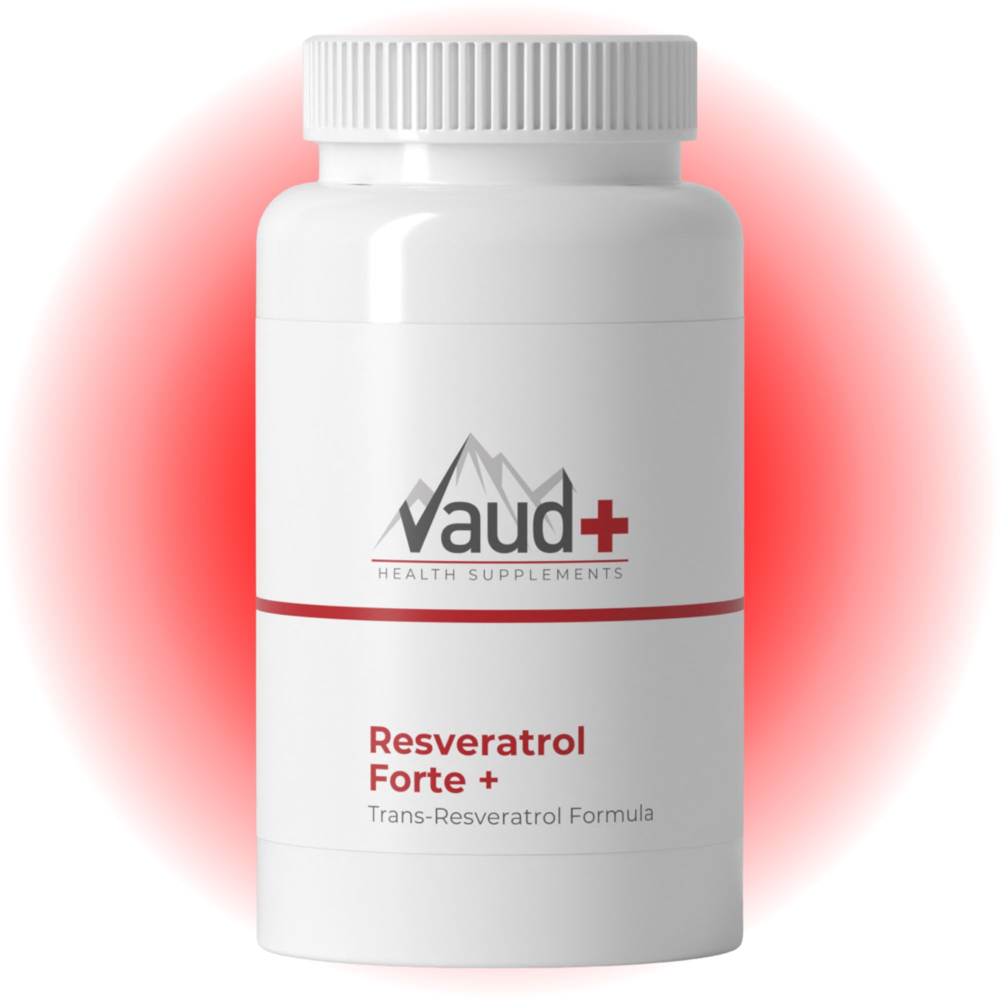 Weiße Flasche mit rotem Streifen und Aufschrift. Vaud+ Logo und Produktname Resveratrol Forte+. Trans-Resveratrol Formula.