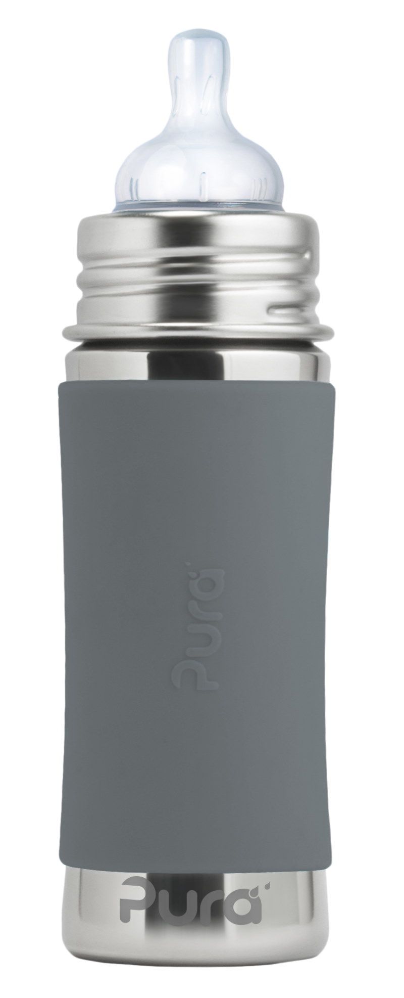 Babyflasche mit grauem Silikon-Sleeve. Edelstahl-Flaschenkörper, transparenter Sauger. Marke Pura.