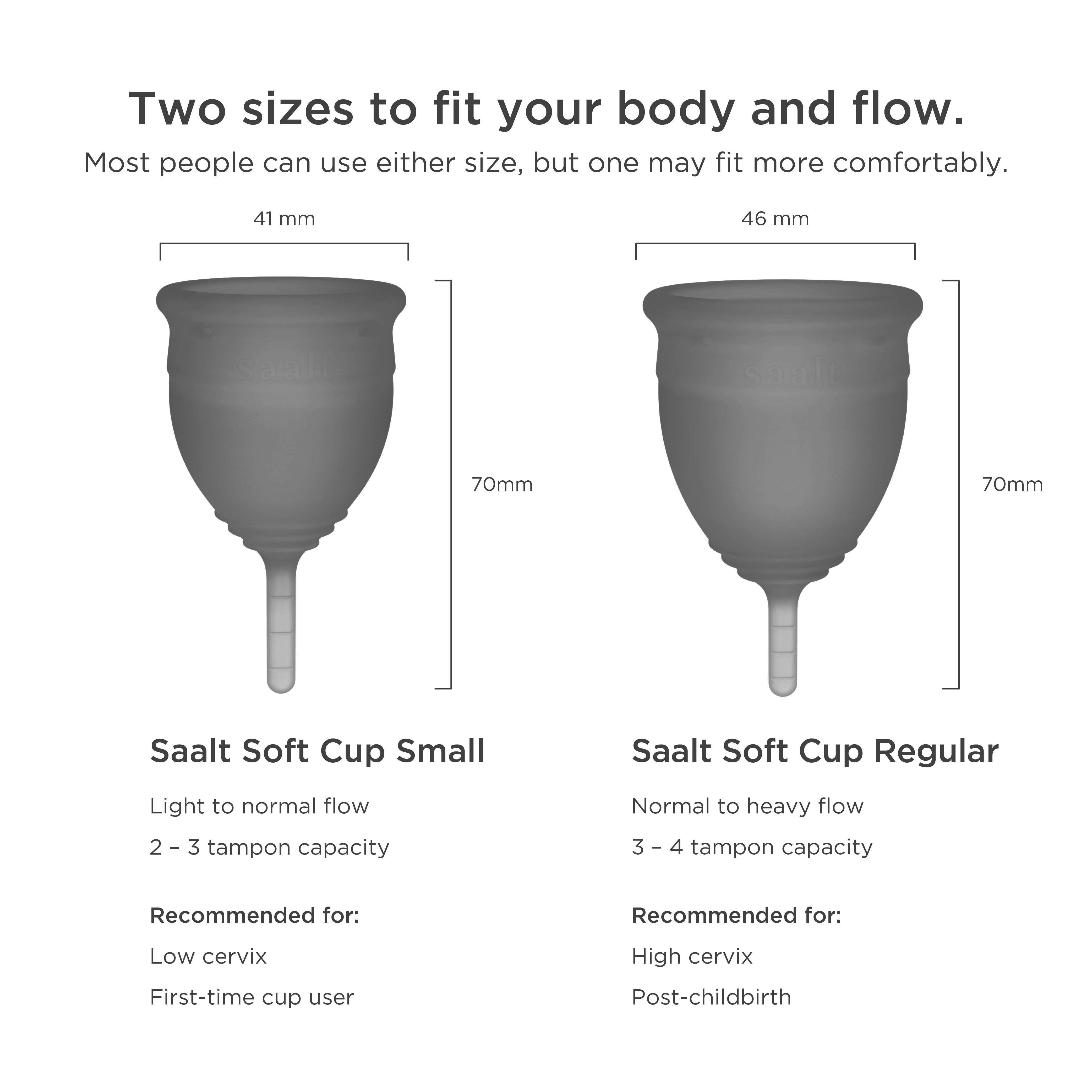 Zwei Menstruationstassen-Größen. Saalt Soft Cup Small: 41mm, 70mm. Saalt Soft Cup Regular: 46mm, 70mm. Text.