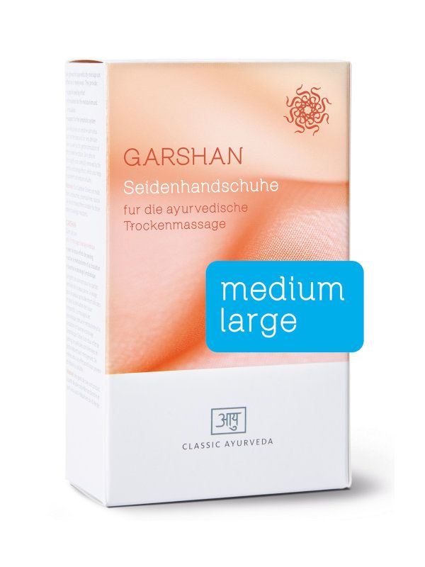 Verpackung mit Produktinformationen. Aufschrift: GARSHAN Seidenhandschuhe, medium/large. Classic Ayurveda Logo.