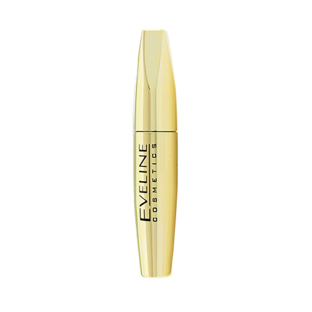 Goldfarbene Mascarahülse mit schwarzer Schrift: EVELINE COSMETICS. Vertikale Ansicht.